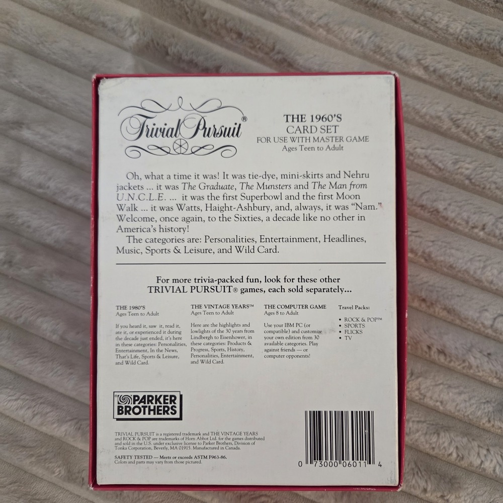 Vintage Trivial Pursuit The 1960's Card Set 1960s Expansion Parker Brothers Box - Picture 3 of 6